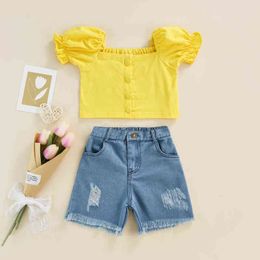 Citgeett Summer Kids Girls Casual Suit Short Sleeves Solid Color Tops at Ripped Short Pants Clothing Set J220711