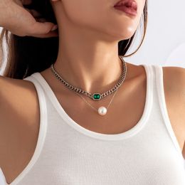 Delicate Green Crystal Glass Pendant Necklace For Women Metal Fine Chain Faux Pearl Necklace Charm Party Jewellery Gifts