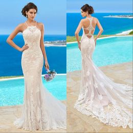 Custom Made Kitty Chen Wedding Dresses Lace Appliqued Halter Sleeveless Beach Sweep Train Mermaid Ball Gown For Bridal Gowns