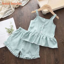 Bear Leader Baby Girls Clothes Sets Summer Plaid Print Girl Sleeveless Shirts Vest Shorts 2pcs Suit Casual Outfits Kids 220507