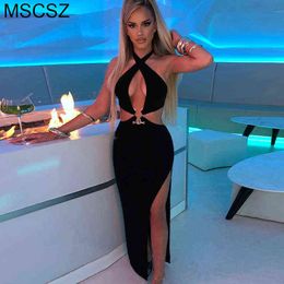Halter Neck Cut Out Sexy Long Dress Summer Backless Slit Bodycon Dress Black Night Club Party Dress 2022 T220816