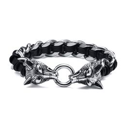 Stainless Steel Double Wolf Head Chain Bracelet W/ Black Leather Interwovened Bracelets For Mens Gifts 16mm 9 Inch