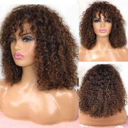 Deep Wave Short Bob Curly Wig Natural Human Hair s for Black Women Kinky Highlight Ombre Colour Cheap with Bangs 220713