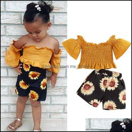 Clothing Sets Kids Girls Outfits Children Ruffle Off Shoder Tops Sunflower Shorts 2Pcs/Set Summer Fashion Baby Mxhome Dhtfh