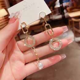 Asymmetric Korean Style Long Earring Hollow Circle Diamond Gold Pearl Pendantes Dangle Earrings For Woman Jewellery