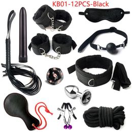 Beauty Items Adult SM BDSM Kits Adults sexy Toys For Women Handcuffs Whip Nipple Clamps Spanking Metal Anal Plug Vibrator 12PCS Black