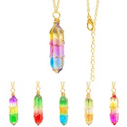 Wire Wrap Colour Grad Glass Crystal Bullet Hexagon Pendant Healing Chakra Necklace For Women Jewelry