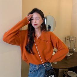 Winter Coral Red Lazy Wind Womens Clothing Sweater Korean Fashion Retro Leisure V Neck Long Sleeve Knitting Pullover Tops 220817