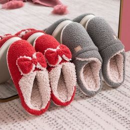 Women Winter Slippers Comfortable Warm Shoes Female Plush Suede Lovely Bowknot Soft Sole Indoor Bedroom Home Couple Man Slippers Y201026
