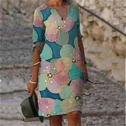 Women Elegant Floral Print Dress Summer Half Sleeve Knee length Casual Office Beach Dresses Vestidos 220611