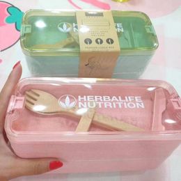 Dinnerware Sets Herbalife 900ml Healthy Material Lunch Box 3 Layer Wheat Straw Bento Boxes Microwave Storage Container LunchboxDinnerware Se