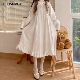 Japanese Lolita Style Spring Fall Women White Dress Peter Pan Collar High Waist Ruffles Cotton Cute Kawaii es 210520