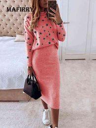 Elegant Women Stars Tops And Skirt Suit Simple Printed Slim Skirt Matching Set Spring Autumn Lady Elastic Skirt Two Piece Outfit T220729