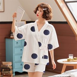 2020 New Sleepwear Ladies Summer Pure Cotton Short Sleeve 2pcs Thin Summer Pyjamas Set Pyjama Sets Women Y200708