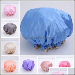 Shower Caps Bathroom Accessories Bath Home Garden Double Layer Cap Waterproof Resuable Solid Elastic Band Thicken Hair Anti- Hat Adt Makeu