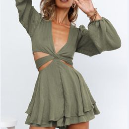 Casual Dresses Hirigin Boho Ruffles Bodysuit Dress A-line V-neck Long Lantern Sleeve Waist Cut-out Backless Elegant Fashion VestidosCasual