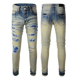 Jeans de jeans rasgados para caras designer tan jeans masculino skinny slim fit danificado street street long straight zipper moto motocicleta azul manchas de hip hop