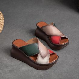 Thick Sole Fish Mouth Slipper Summer New Vintage Patchwork Clash-Color Outdoor Comfortable Non-Slip Versatile Handmade Sandals