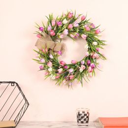 Decorative Objects & Figurines Simulation Tulip Wreath With Bow Wedding Decoration Front Wall Hanging Artificial Flowers Garden Spring Decor