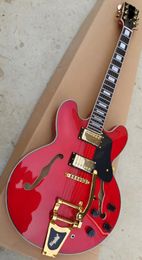 335 electric guitar, red shiny, jazz tremolo, F hole hollow guitar, in stock