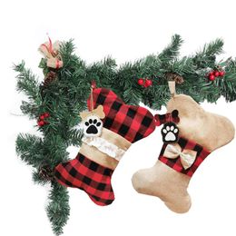 cat bags Canada - Christmas Decorations Pet Stockings Gift Bag Hanging Ornament Cat Dog Plaid Fish Bow Bone Tassels Reusable For Home DecorChristmas