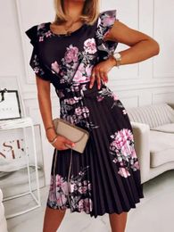 Casual Dresses Elegant Butterfly Sleeve Printed Office Dress Summer Sexy Backless Midi Women Fashion Belt A-Line Beach