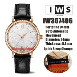 IWSF Top Quality Watches 34mm Rose Gold Miyota 9015 Automatic Womens Watch 357406 Diamond Bezel Silver Dial Quick Release Leather Strap Ladies Wristwatches