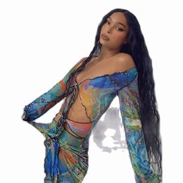 Casual Dresses Butterfly Tie Dye Printed Sheer Mesh Mini Dress Y2k Sexy Aesthetic Cut Out Long Sleeve Bodycon ClubwearCasual
