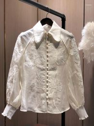 [ElfStyle] - TOP QUALITY WHITE LINEN SHIRT FLOWERS EMBROIDERED LONG SLEEVED CORSAGE APPLIQUE BLOUSE Women's Blouses & Shirts
