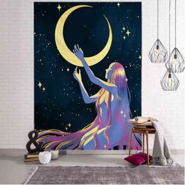 Moon Girl Tapestry Mandala Tarot Wall Hanging Astrology Prophecy Witchcraft Room Decoration Carpet J220804
