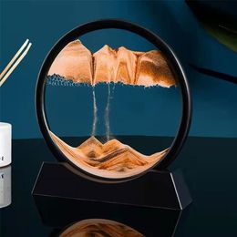 7/12inch Moving Sand Art Display Flowing Sand Frame Morden Picture Round Glass 3D Deep Sea Sandscape In Motion Stand Home Decor 220406