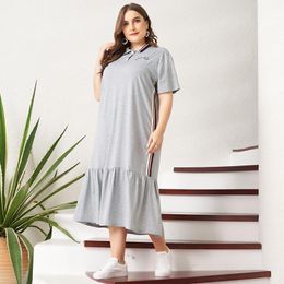 Plus Size Dresses Women's Casual Dress, Large, Grey Stripe, Side Hem, Folding Collar, Lapel Button, Sweater, Loose, Summer 2022 Series