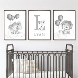 Custom Baby Initials Name Elephant Lion Watercolor Posters Nursery Wall Art Canvas Painting Print Pictures Kids Room Home Decor 220614