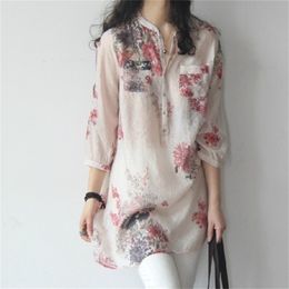 Tops and Blouses V-neck Women Shirts Floral Print Vintage Blouse Women Clothing Top Long Sleeve Summer Plus Size Full 210326