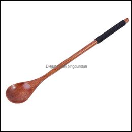 Spoons Flatware Kitchen Dining Bar Home Garden 1Pcs Natural Wood Long Handle Stirring Wooden Coffee Tea Tableware Trnz