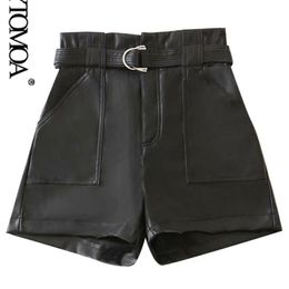 KPYTOMOA Women Chic Fashion With Belt Faux Leather Shorts Vintage High Waist Zipper Fly Pockets Female Short Pants Mujer 220427