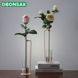 Nordic Style Iron Art Vase Tabletop Flowerpot with Glass Cup Hydroponics Flower Plant Golden White Black Home Wedding Decoration Y200709