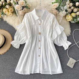 Casual Dresses 2022 Fashion Women Chic Retro Pleated Shirt Dress Women's Loose Short-Sleeve White Black Vestidos N366