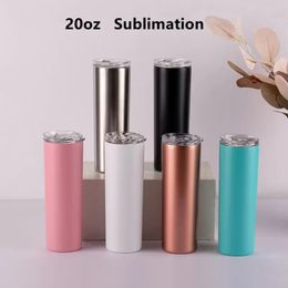 20oz Blank Sublimation Tumblers Stainless Steel Double Wall Insulated Water Bottles Sublimation Mugs Cups Blank DIY birthday gifts with Lid Plastic Straws