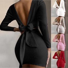 spring mini dresses UK - Casual Dresses Women Open Back Mini Dress Sexy Knotted Bodycon Long Sleeve Short Female 2022 Summer Spring Low Cut Lady Party Vestidos