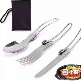 3pcs/set Outdoor Camping Picnic Tableware Stainless Steel Portable Folding Spoon Fork Camping Cooking Picnic Set Y220530