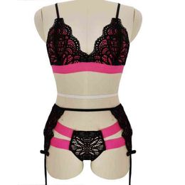 NXY Sexy Set Women Lace Wireless Bra Underwear Garter g String Pant Suit Solid Colour 0211