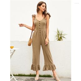 Women's Jumpsuits & Rompers Neatie Kiddie Fashion Ruffled Sleeve Leg Breasted Jumpsuit Women Khaki V-neck Sleeveles OL PlayusitWomen's