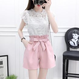 Women's Tracksuits 2022 Summer Sweet Fashion Suit Girl Hollow Out Hook Flower White Blouse Top Tall Waist Shorts Two-Piece Set Clothing Cool