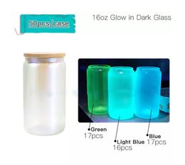 USA Warehouse 16oz Sublimation Glow in The Dark Glass Can Beer Can Glass with Luminous paint luminous Drinking Glasses Beer Glasses With Bamboo Lid