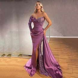 Purple Mermaid Prom Dresses Princess V Neck One Long Sleeve Appliques Sequins Beads Satin Lace Side Slit Floor Length Party Gowns Plus Size Custom Made