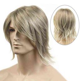 Men Hair Synthetic Aimisi Fiber Wigs Wig Faint Yellow Mid Length Long Straight Cosplay Toupee for Man 0527