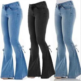 Plus Sizes XS-4XL Women Jeans Mid Waist Lace Up Jeans Designer Stretch Jeans Ladies Flared Pants 3 Colours
