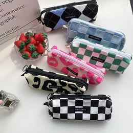 Cosmetic Bags & Cases Korean Lattice Make Up Organiser Bag Canvas Cosmeitc Pouch Women Wrist Travel Makeup Zipper Beauty Case Student Pencil