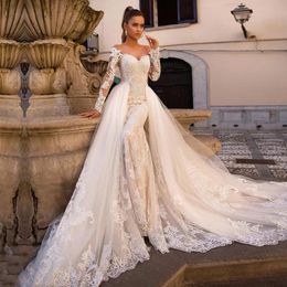 2022 Elegant Beaded Lace Wedding Dresses Mermaid Bridal Gowns With Detachable Train long sleeve Appliques Ivory Satin Bride Dress